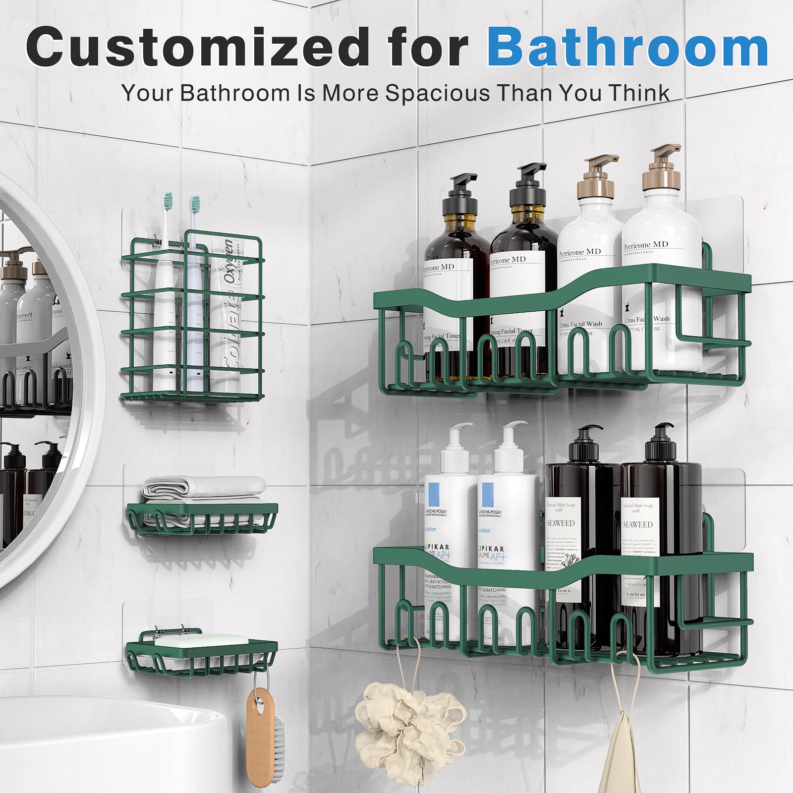 EUDELE 5-Pack Rustproof Stainless Steel Shower Caddy – No Drill Adhesive Bathroom Organizer with Large Capacity, Spacious Shower Shelves for Inside Shower, Kitchen & Home Decor Storage-XL Size