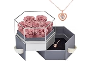 Beaulasting Roses Preserved Flowers for Delivery Prime 7-Piece Eternal Roses Gift Box with Necklace Gift for Her Mothers Day Valentines Day Birthday (Hexagon Haze Blue Box, Dusty Pink Roses)