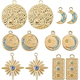 SUNNYCLUE 1 Box 12Pcs 6 Styles Real 18k Gold Plated Star Charms Bulk Rhinestone Moon Charm Star Planet Rectangle Stainless Steel Dangle Pendants for Jewelry Making Supplies DIY Necklace Earring Women