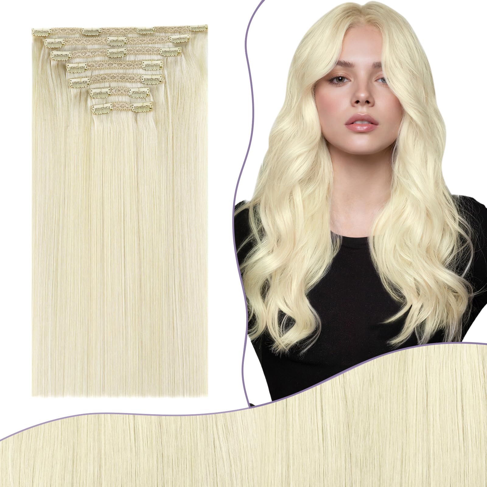 Fshine Real Human Hair Extensions Clip in Platinum Blonde 16 Inch 135g 7Pcs — image 1
