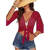 Women's Short Cardigan Bolero Shrug Sheer Tie Front Top 3/4 Sleeve Jacket for Dress