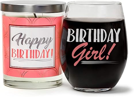 Amazon Com Birthday Girl Birthday Gift Set Cute Stemless 15 Oz Wine Glass Happy Birthday Luxury Scented 10 Oz Soy Candle Vanilla Sandalwood Amber Happy Birthday Gifts For Women Gift Box Wine Glasses
