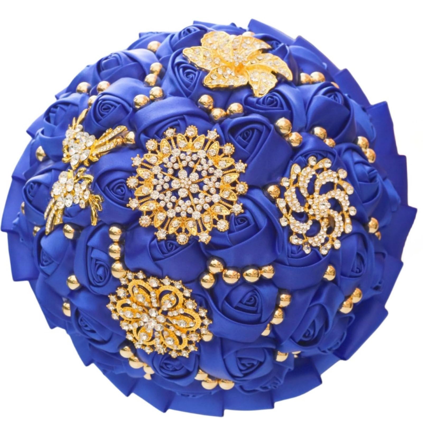 Photo 1 of Gkvszy Royal Blue Bridal Wedding Bouquet with Gold Brooch Rhinestone Pearl Satin Rose Flower Bouquet for Bride Bridesmaid Quinceanera Wedding Royal Blue 7.1in