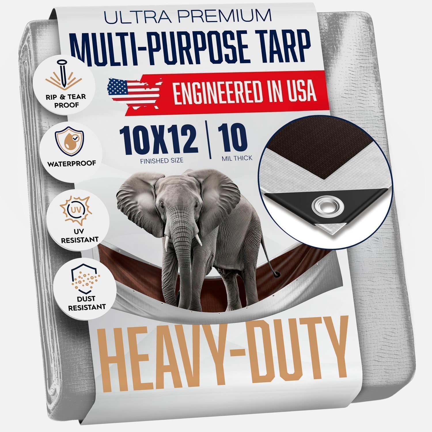 10x12 Heavy Duty Waterproof Tarp - 10 Mil Plastic Poly Tarp with Metal Grommets - Emergency Rain Shelter, Outdoor Cover and Camping Use - Silver and Brown (10 Foot. x 12 Foot)