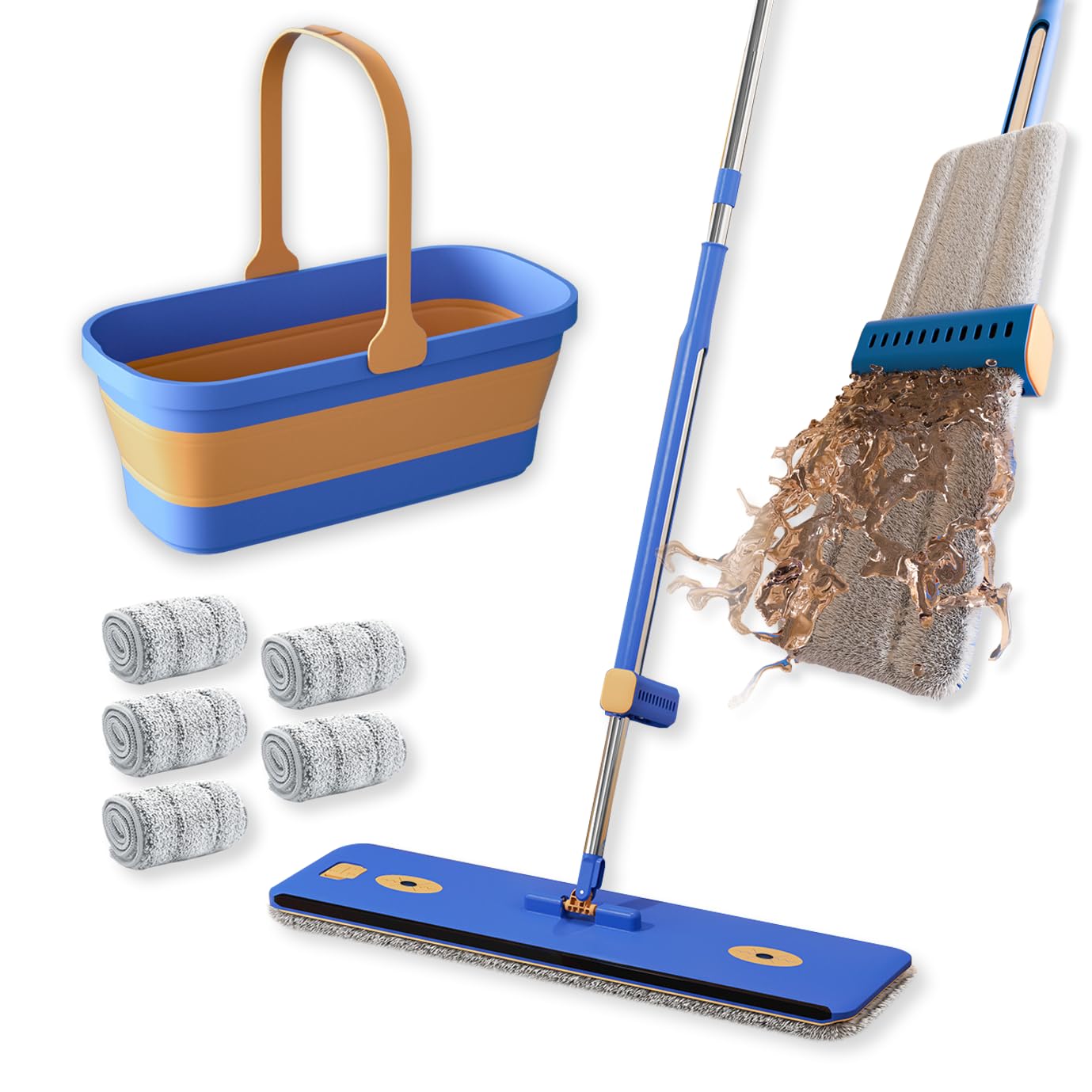 Photo 1 of 16.5" Microfiber Self Wringing Flat Mop,Wet Dry Mops for Cleaning Floors,55" Long Handle Mop for Wall Cleaner with Squeegee(5 Microfiber Pads & Collapsible Bucket)