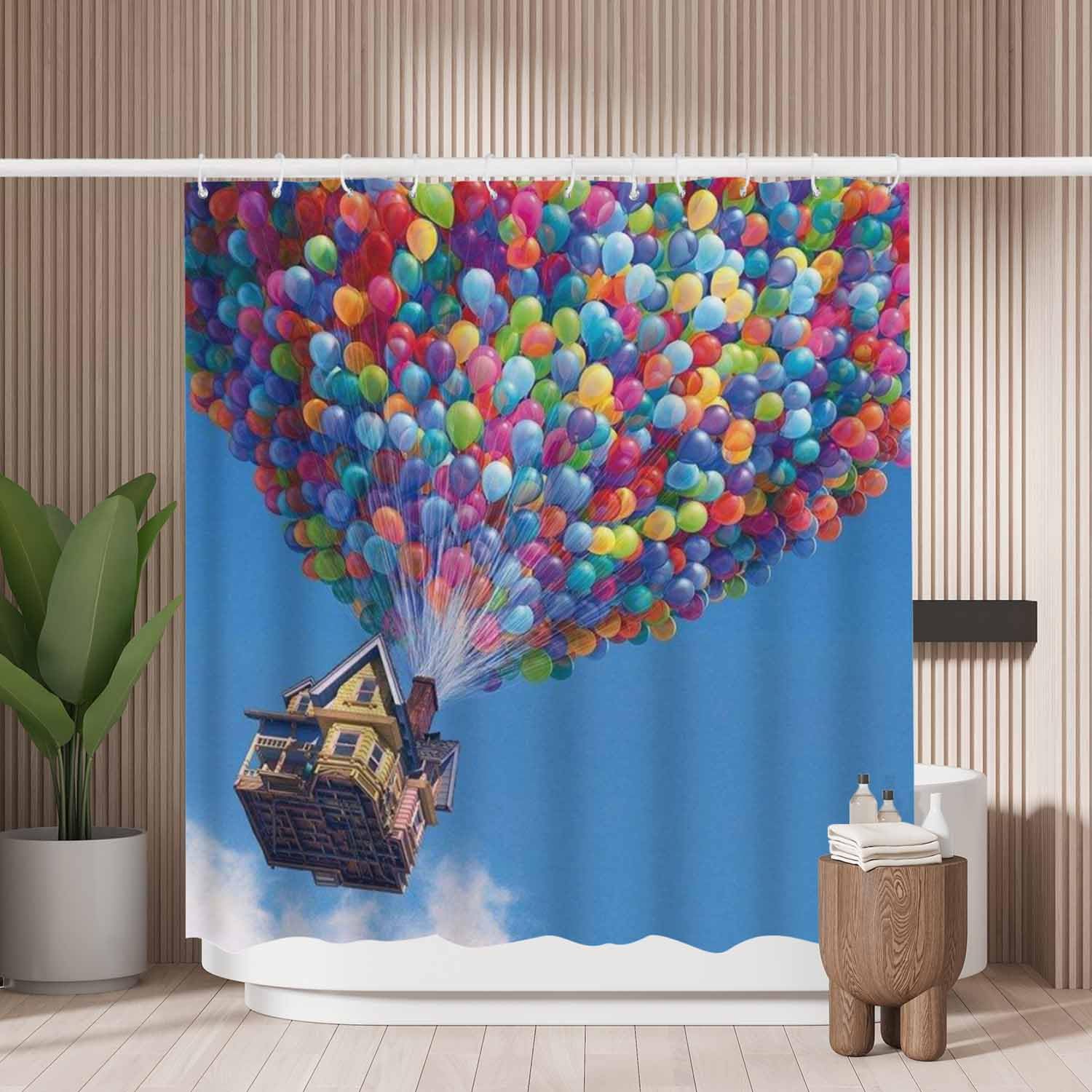 Woutay Shower Curtain Water Repellant Fabric Flying House with Ballons,Mould Proof Resistant,Polyester,with 12 Plastic Hooks