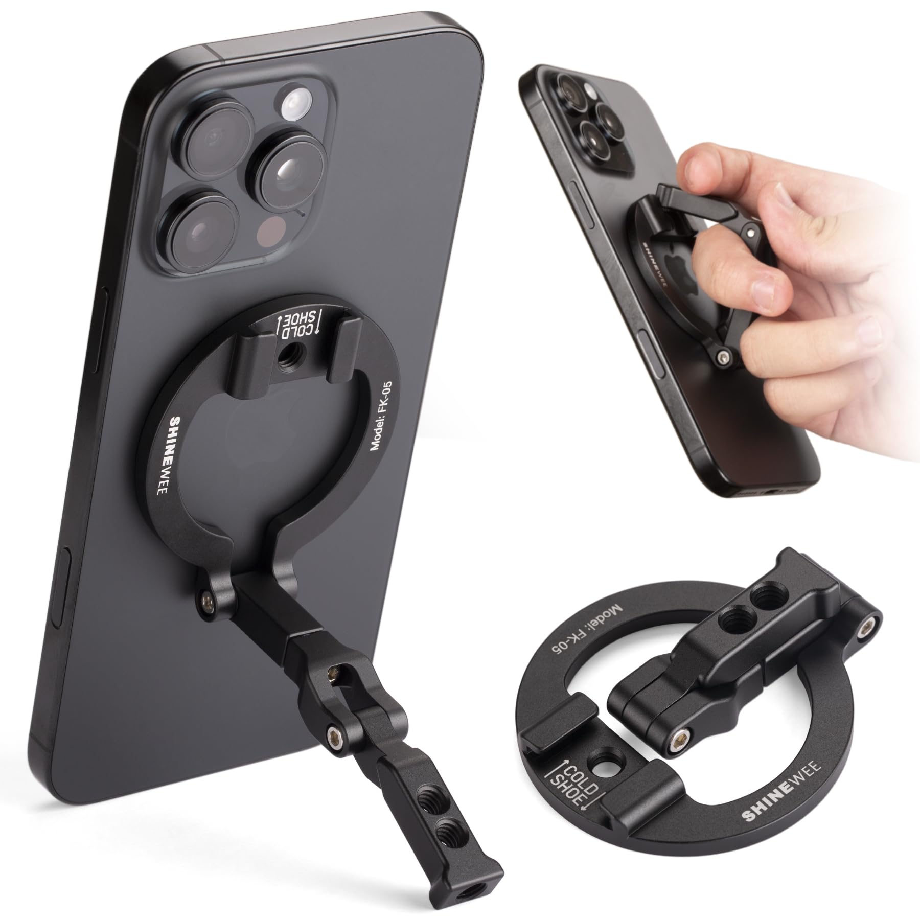 SHINEWEE 4-in-1 Magnetic Ring Phone Holder & 1/4" Tripod Thread & Cold Shoe Slot & Kickstand & Phone Grip, 360° Rotation for iPhone Series 12 13 14 15 16 17 & Magsafe Case