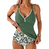 Aleumdr Tankini Swimsuits for Women 2 Piece Tummy Control Bathing Suit V Neck Tankini Top with High Waisted Bottom