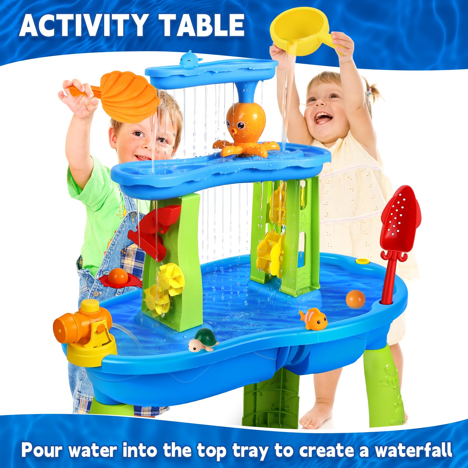 SUPER JOY Water Table for Toddlers 3-5 | 3-Tier Kids Water Table for Outdoors Play | Kids Activity Table Toddler Sand Table with Rain Showers Splash Pond for Boys Girls 3 4 5 6 7 8