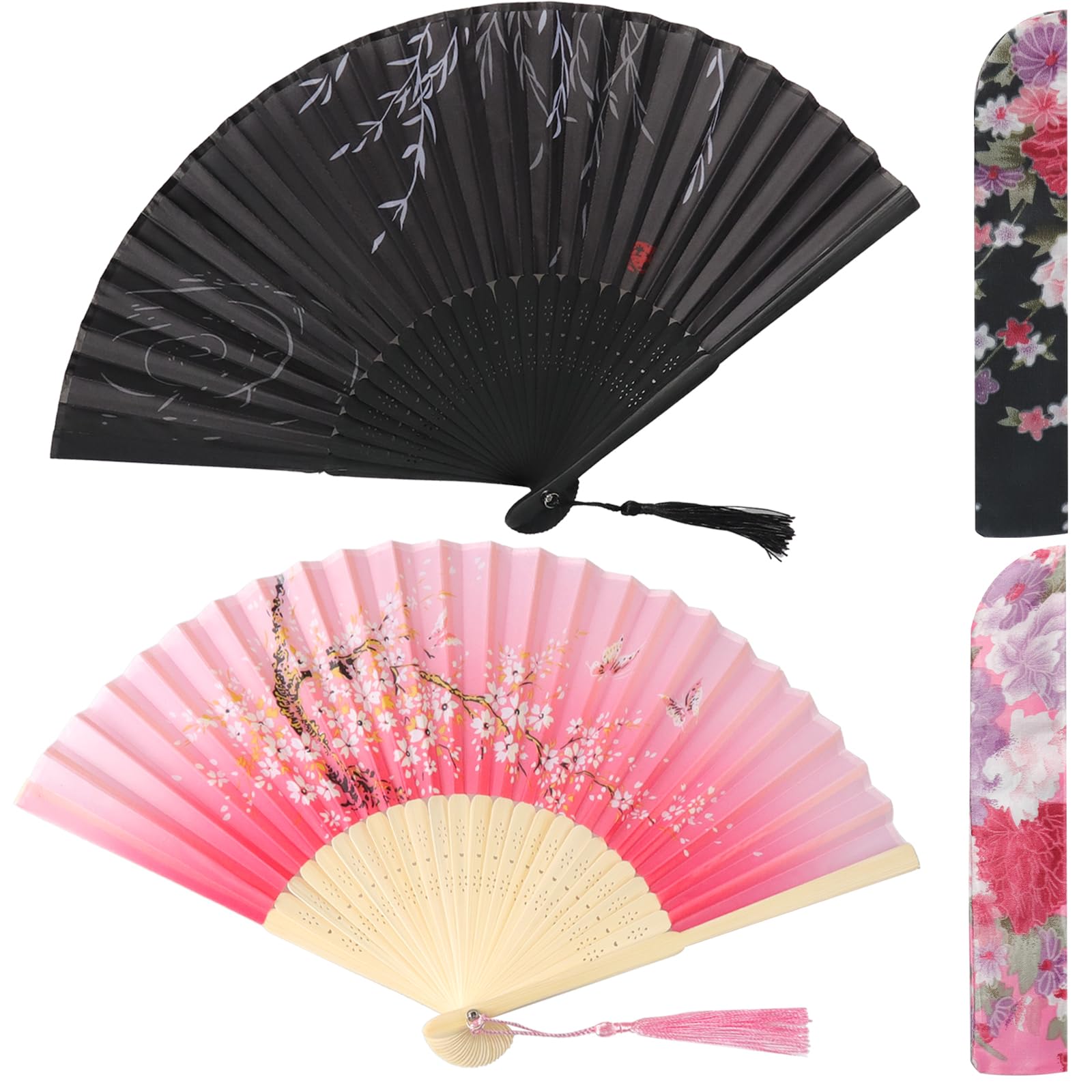 loghohu 2Pcs Hand Fans for Women Foldable Chinese Fan Paper Fan Handheld Women Hollowed Hand Foldable Fans with Fabric Sleeve Bamboo Silk Folding Handfans for Party Dancing Wedding Decoration