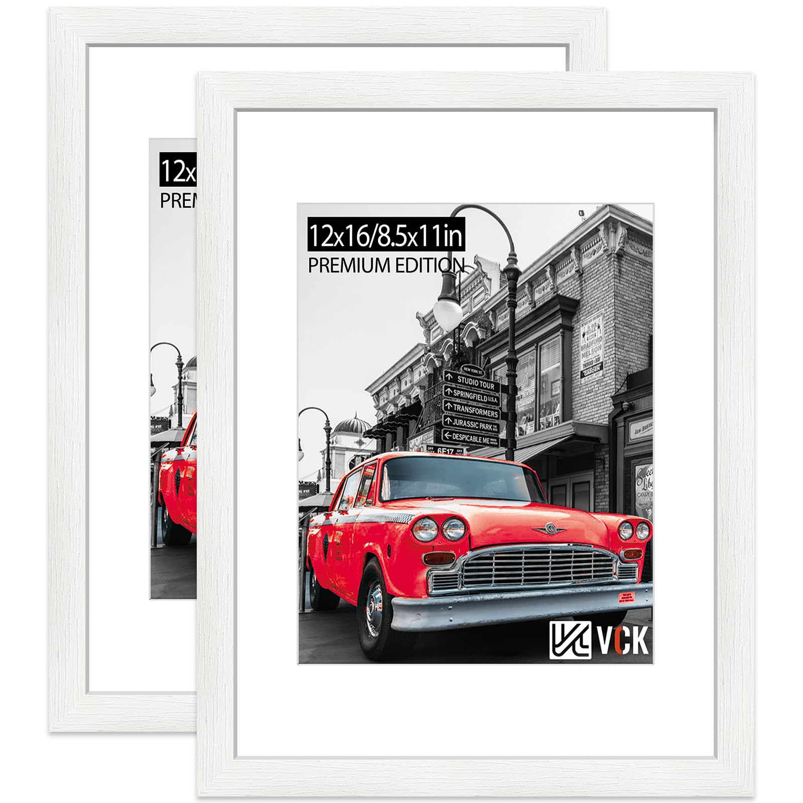 VCK 12x16 Picture Frame 2 Pack - White, High-End Wood Poster Frames with Tempered Glass, Display 8.5x11 Photo with Mat or 12x16 without Mat, Art Gallery-Quality, Wall Hanging, White Image