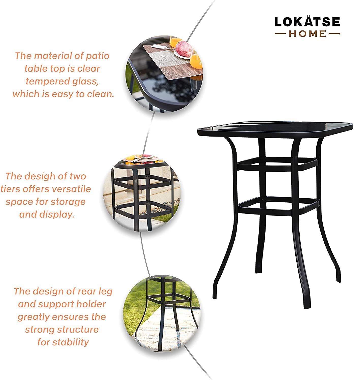 LOKATSE HOME Patio Bar Height Table Square Tempered Glass Metal Frame Outdoor Bistro High Top Black L x 31.5" W x 41.2" H: Garden & Outdoor