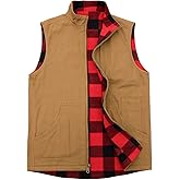 ZENTHACE Men's Reversible Casual Vest Flannel Fleece Lined Outdoor Work Safari Fishing Travel Vest Jacket