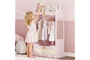 FTZxHKLX Kids Dress Up Storage with Mirror, Kids Open Hanging Armoire & Costume Storage Dresser, Costumes Wardrobe Closet for Bedroom, Nursery, Preschool, Pink
