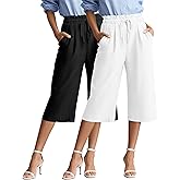 Locoowai 2 Pack Women's Wide Leg Linen Capri Pants Casual High Waist Cropped Palazzo Summer Trousers with Pockets