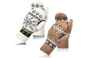 Shyyween 2 Pairs Winter Knitted Gloves Mittens for Women Snowflakes Warm Fleece Lining Mittens Gift for Christmas