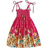 Vsaiddt Hawaiian Dresses for Girls Smocked Beach Sundress Floral Summer Dress with Necklace