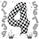 Large Foil Number 4 Balloons, 40 Inch Black and White Checkered 4 Balloon for Boys, Helium Self Inflating Checkered Racing 4 Balloons for Kids Girl 4th Birthday Race Car Flag Party Decoration Supplies