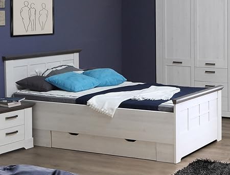 expendio Bett Gaston 100x200 cm 1x Schubkasten Schneeeiche Weiss grau Jugendbett Komfortbett Seniorenbett Singlebett Gästebet