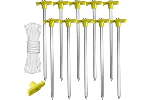ABCCANOPY 8 Inch Tent Stakes 10 Pcs Non-Rust Metal Ground Anchors, Heavy Duty Spikes with 4 Ropes for Outdoor Camping, Yellow