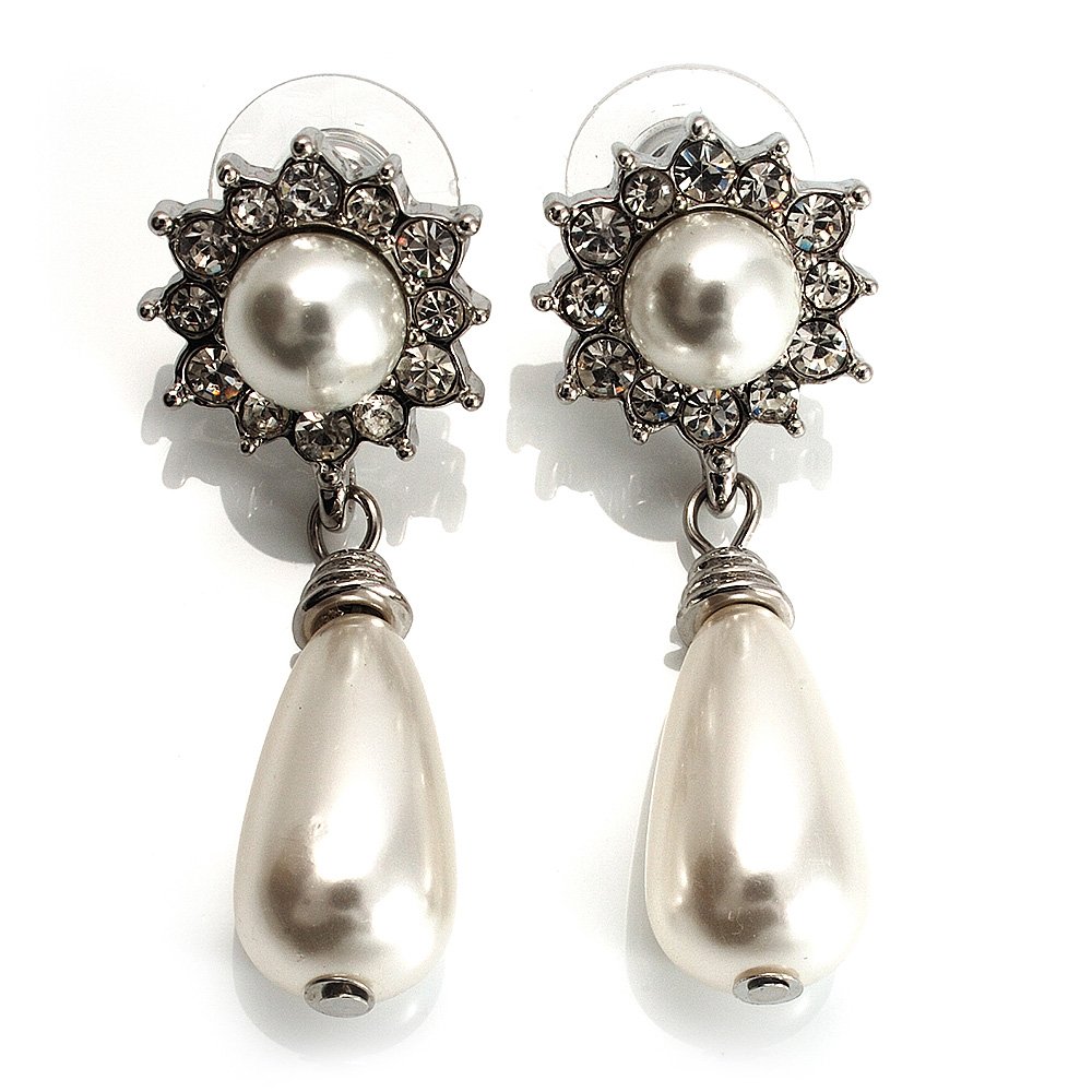 Bridal/Prom Simulated Pearl Drop Earrings/Silver Tone