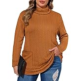 TIYOMI Plus Size Sweaters for Women Long Sleeves Cable Knit Turtleneck Top with Pockets Solid Lightweight Pullover Top Xl-5Xl