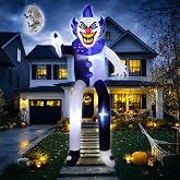 9FT Halloween Inflatable Sitting Killer Clown Blow Up Outdoor Decorations | Built-in LED Lights,Movable Arm Adds Dynamic Motion,Easy Setup for Halloween Party Indoor Outdoor Yard Lawn Decor