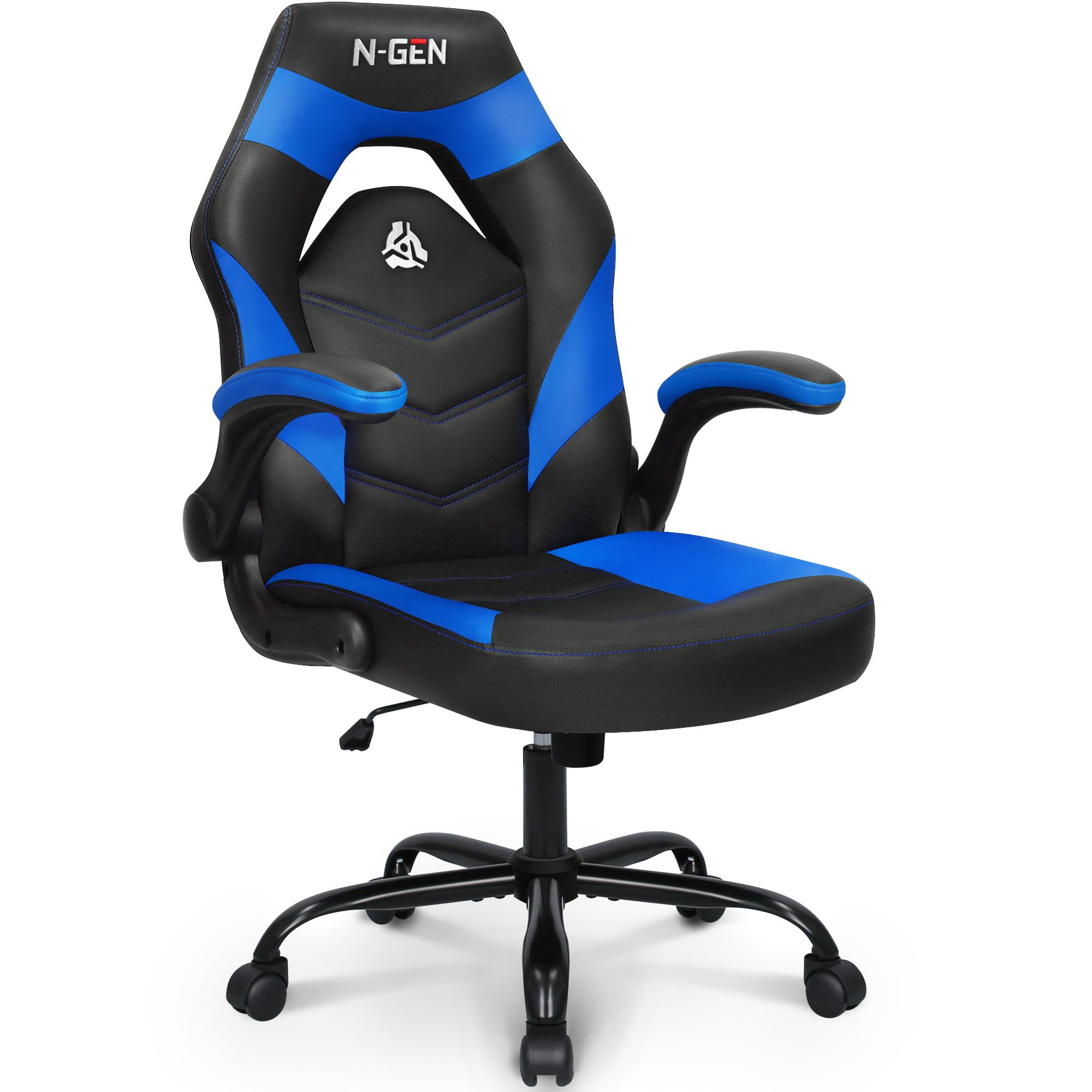 N-GEN Video Gaming Chair Ergonomic Computer Desk Office Chair with Lumbar Support Adjustable Height Swivel Wheels Flip-Up Arms PU Leather Home and Office (Blue) Image