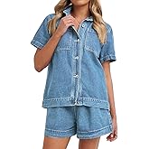 Kedera Summer Denim Set for Women 2 piece Casual Short Sleeve Boxy Shirt Tops and Shorts Pants Lounge Sets Outfits