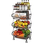 Miyawell Fruit Vegetable Storage Basket for Kitchen - 4 Tier Stackable Metal Wire Baskets Cart with Rolling Wheels Utility Fruits Rack Produce Snack Organizer Bins for Pantry Bathroom Laundry Bronze