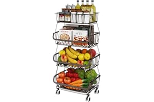 MIYAWELL Fruit Vegetable Storage Basket for Kitchen - 4 Tier Stackable Metal Wire Baskets Cart with Rolling Wheels Utility Fruits Rack Produce Snack Organizer Bins for Pantry Bathroom Laundry Bronze