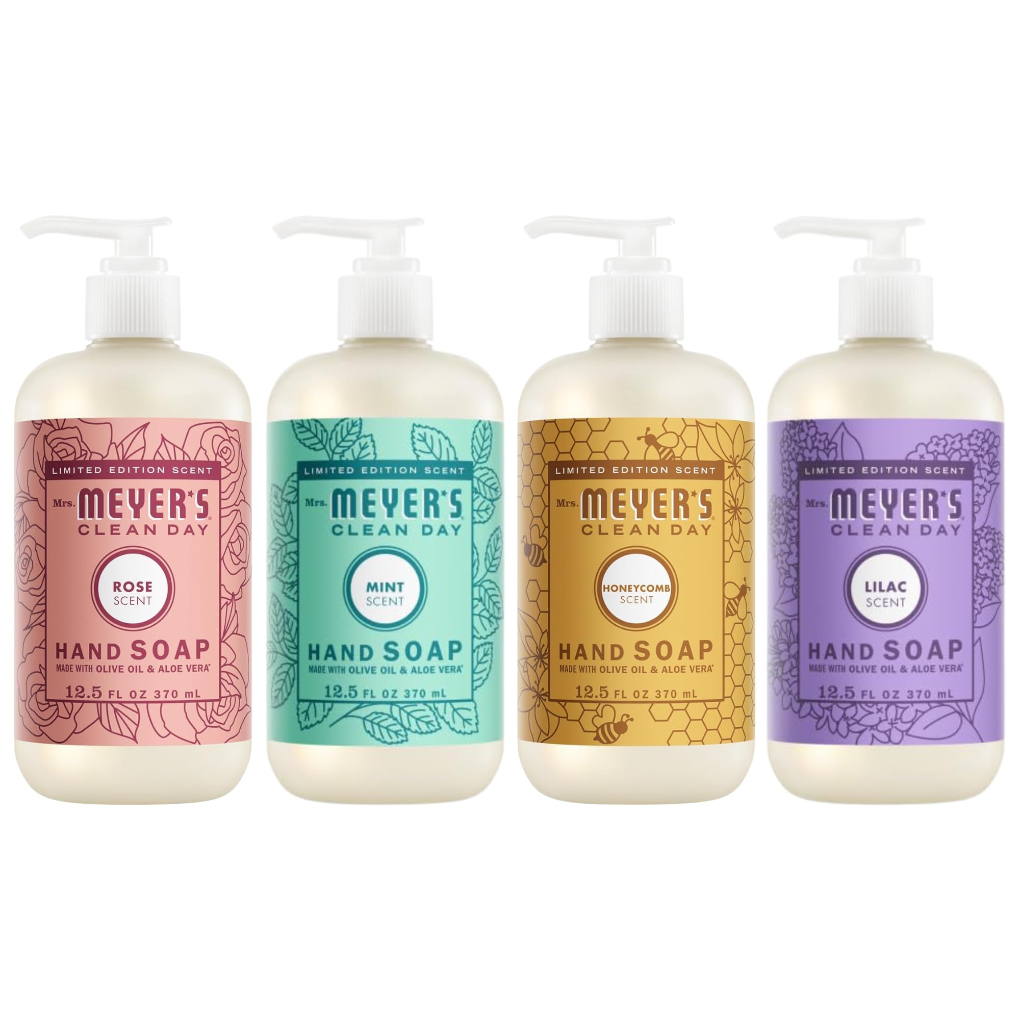 Mrs. MEYER'S Clean Day Liquid Hand Soap Variety Pack 12.5 Fl Oz Each, 1 CT (Rose + Lilac + Mint + Honeycomb) Image
