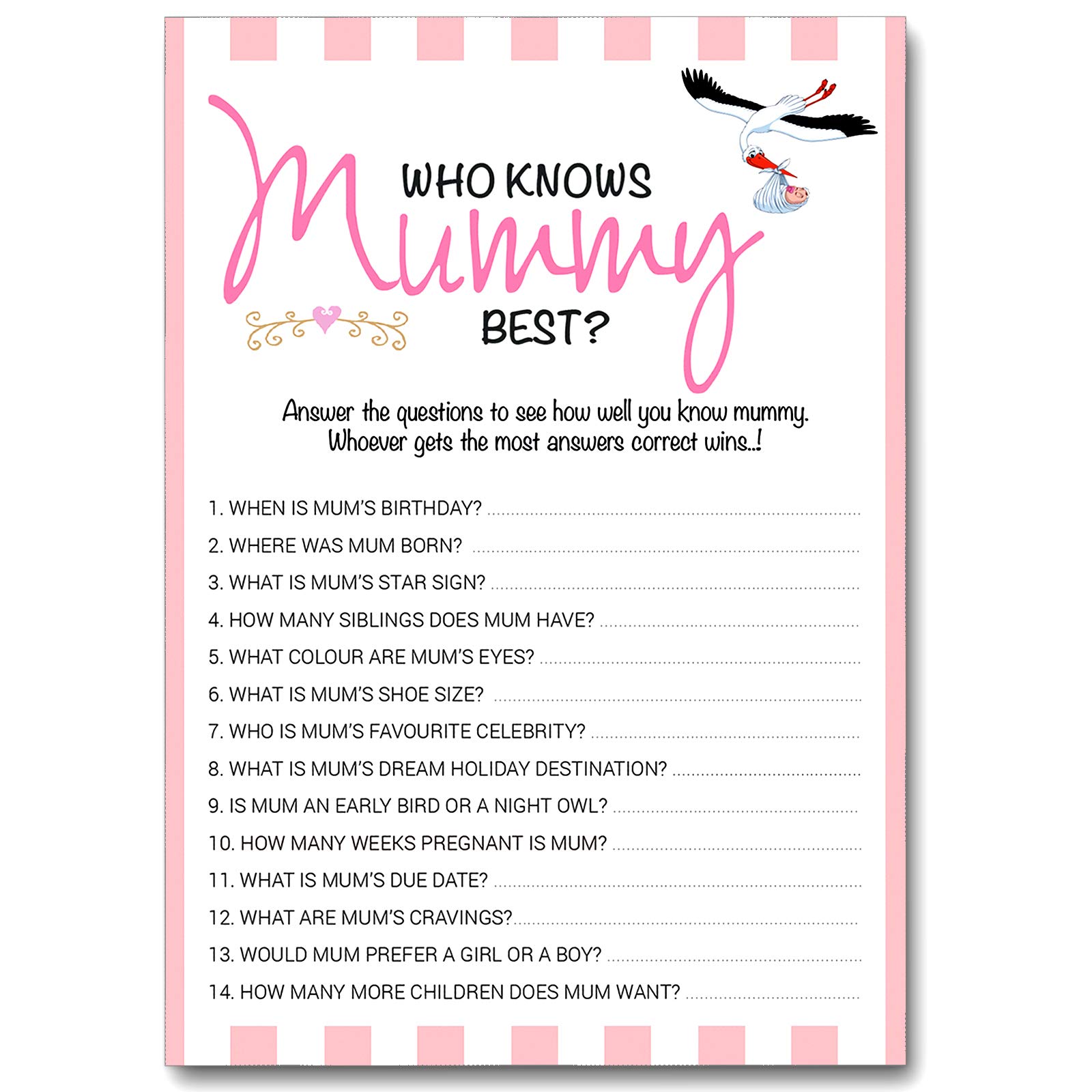24 x Pink Baby Shower Games Who Knows Mummy Best 24 Pack - Boy/Girl/Unisex (Pink, 24 Pack)