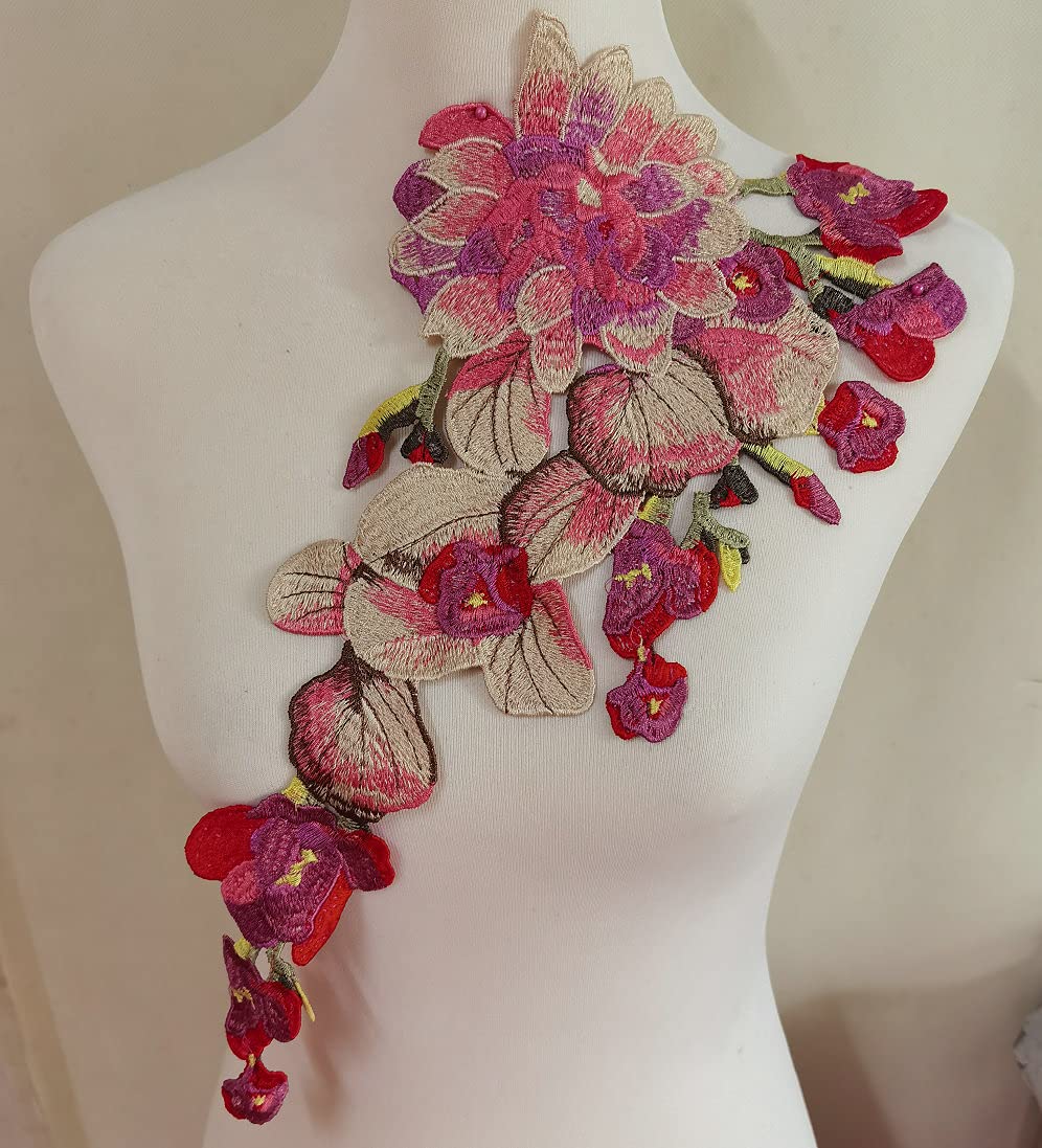 Photo 1 of 1pcs Beautiful Flower Large Water Soluble Embroideried Fabric National Trend Applique Patch Sew Clothes Accessories (Pink)
