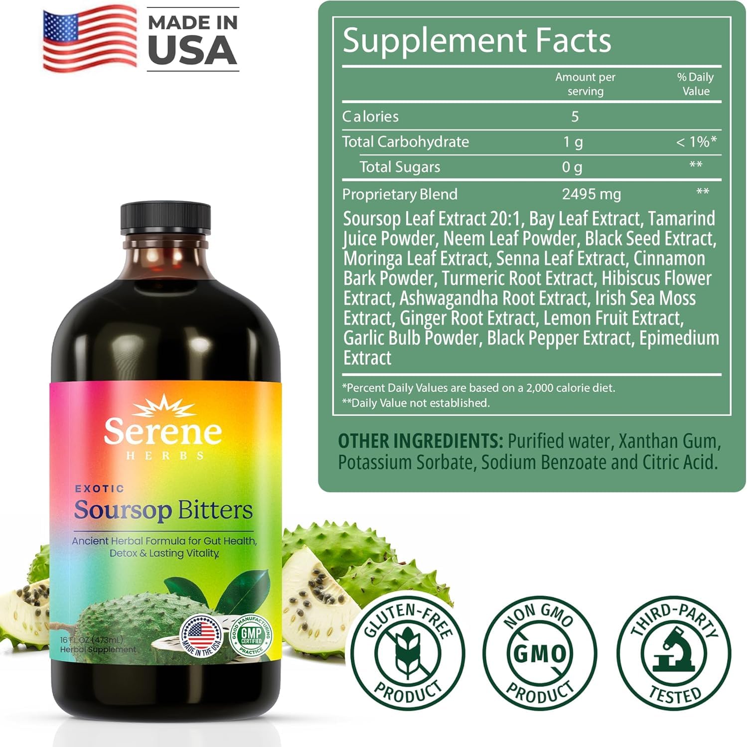 Serene Herbs - Soursop Bitters Liquid - Organic Herbal Guanabana Detox with Black Seed, Moringa & Ginger - Supports Digestive Wellness & Immune Function - 16 fl oz​