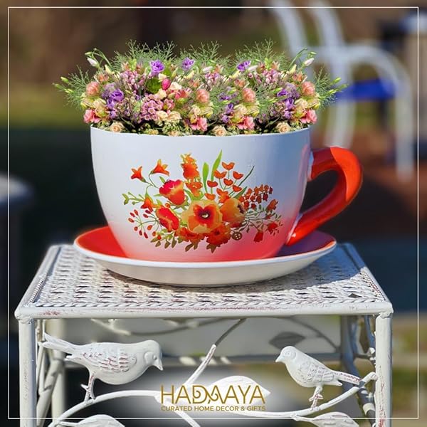 HADAAYA 7.5″ ROUND CERAMIC TEACUP SHAPE PLANTER POT WITH SAUCER FOR SUCCULENTS ORCHIDS HERBS CACTUS INDOOR HOUSEPLANTS FLOWERS FOR VALENTINES DAY GIFT – ORANGE POPPY FLORAL