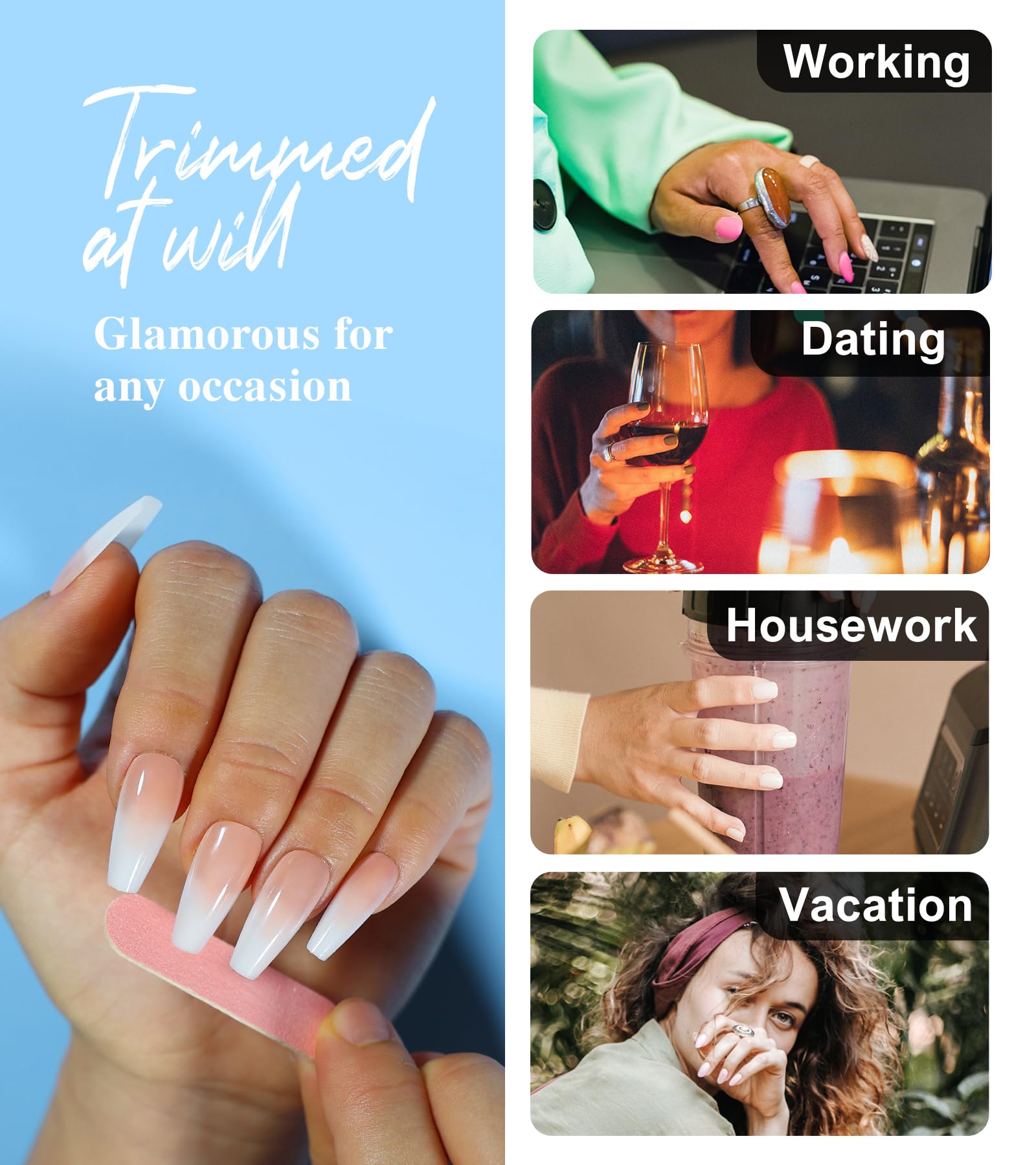 Morily Press on Nails - Pink Ombre Coffin Fake Nails Medium Length, French Tip Glossy False Stick on Fingernails for Women - 24Pcs in 12 Sizes - Image 7