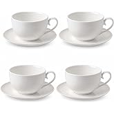 Feenmai 12 oz Cappuccino Cups with Saucers, Ceramic Coffee Cups Set of 4, White Latte Cup and Saucer, Elegant Tea Mugs Set, Microwave Dishwasher Safe Drinkware for Cafe, Housewarming Gift