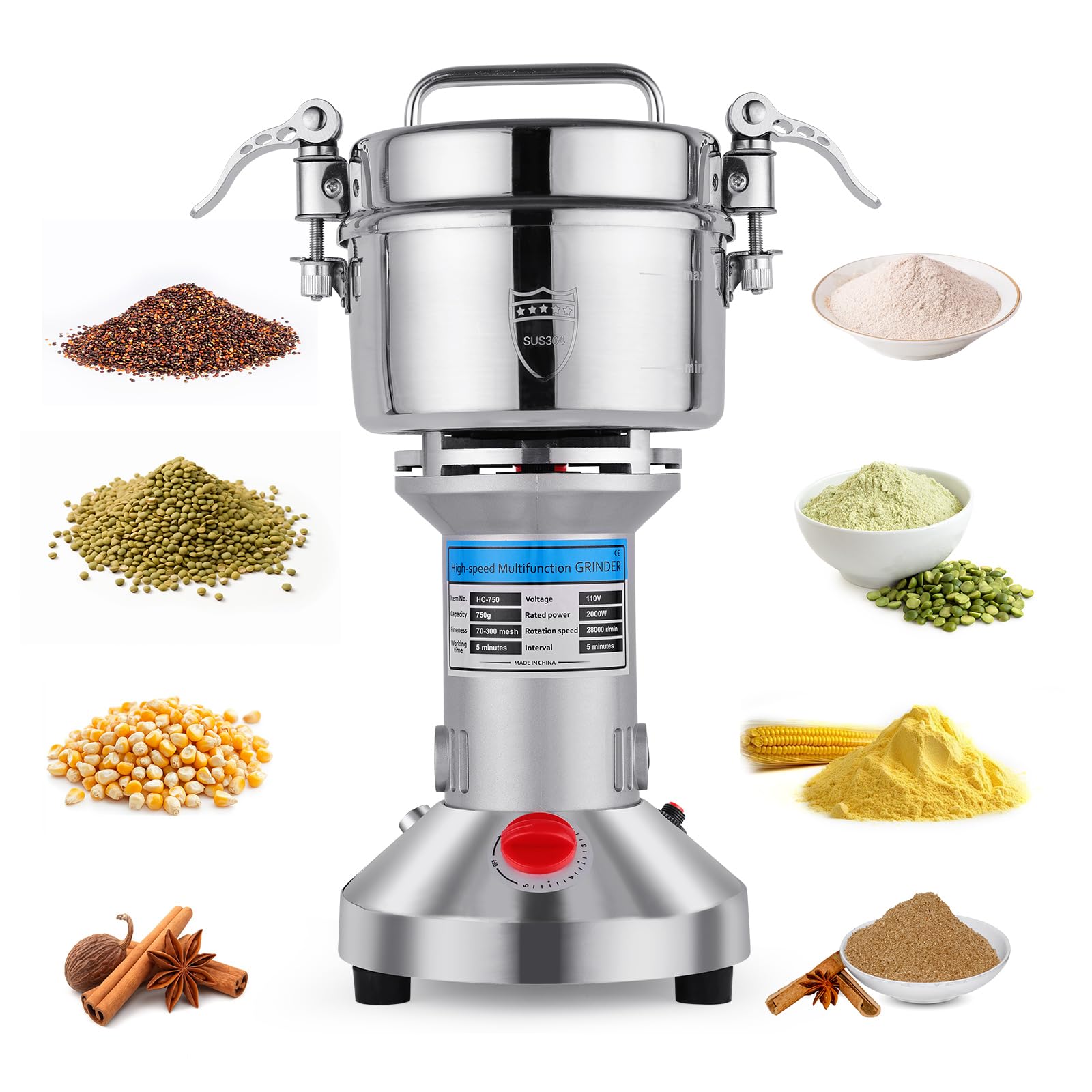 Photo 1 of Yaofafa Grain Mill Grinder - High-Speed 750g 304 Stainless Steel Professional Grain Mill & Spice Grinder for Kitchen and Coffee Shop - Grinds Grains, Corn, Coffee, and Dry Spices with Easy Operation