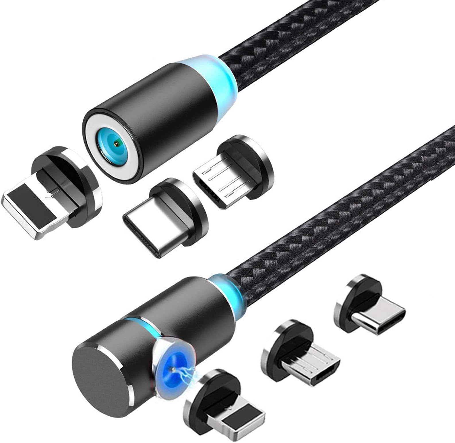 Crozziz Magnetic Phone Charging Cable, 3 in 1 Cable(2 Pack,6.6 ft Straight Cable, 6.6 ft L Shape Cable) Black