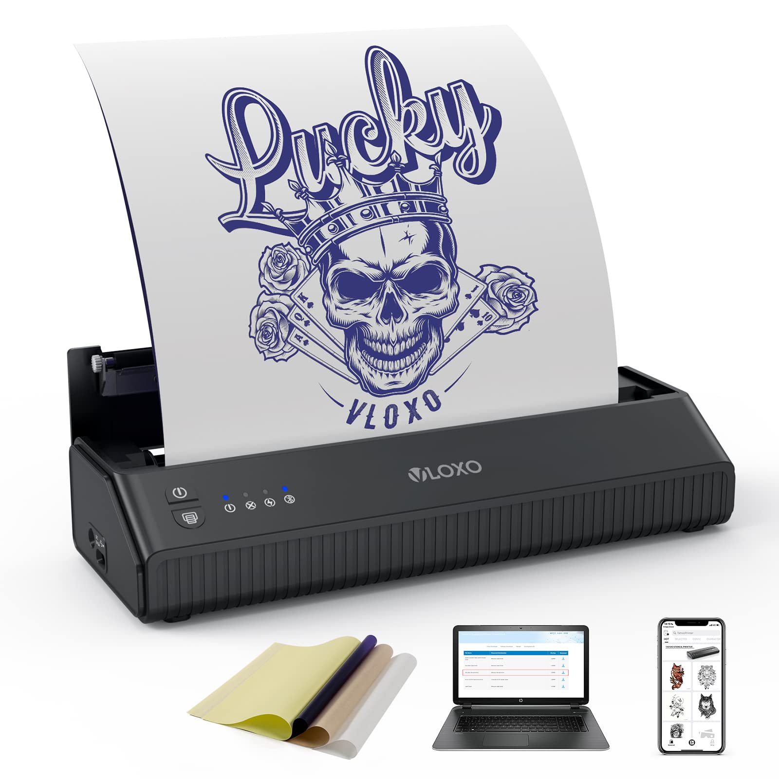 VLOXO Bluetooth Tattoo Transfer Stencil Machine,Thermal Printer Copier Machine Compatible with IOS and Android Mobile Phone/PC, Cordless Tattoo Thermal Stencil Printer with 10PCS Tattoo Transfer Paper