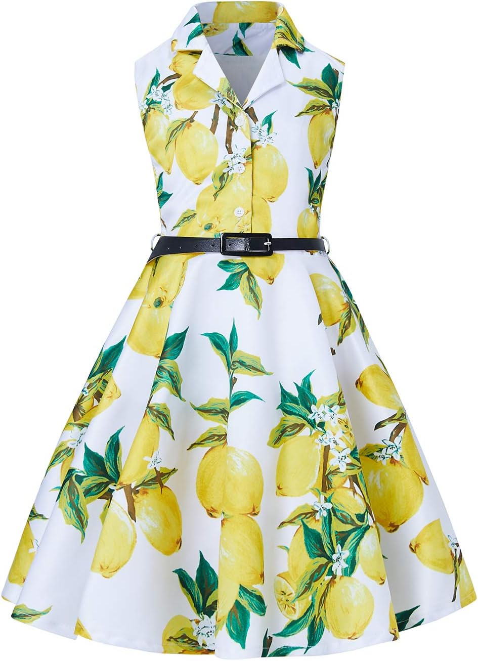 RAISEVERN Spring Summer Girls Sleeveless A Line Vintage Retro Rockabilly Dress Evening Party Form Wedding Cocktail Ballet Occasion Swing Midi Floral Dresses with Belt