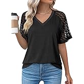 Dokotoo Women's V Neck Lace Short Sleeve Tops Casual Raglan T Shirts Summer Tunic Blouses