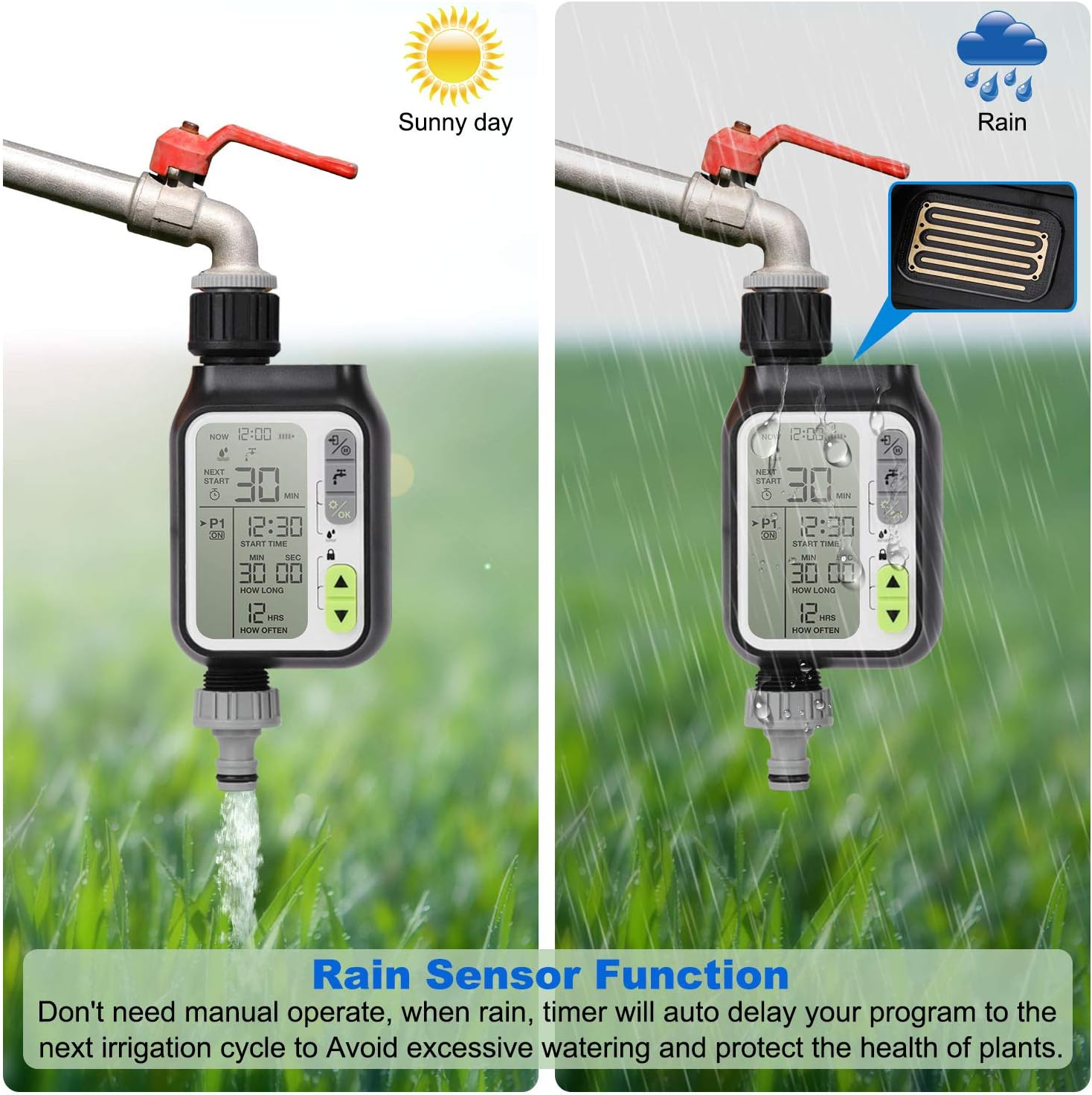 johgee Sprinkler Water Timer Digital Irrigation Timer Programmable Watering Timer Water Timer IP65 Waterproof/Rain Delay/Child Lock Mode/Auto&Manual Mode/Rain Sensor Function: Home & Kitchen