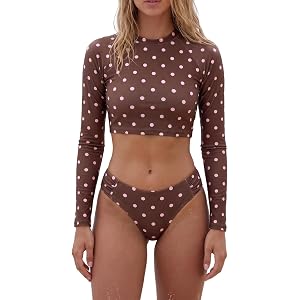 ZAFUL Womens 2 Piece Polka Floral Long Sleeve Rash Guard Bikini Set | Sun Protection Crop Top High Cut Bathing Suits,Surf Swi