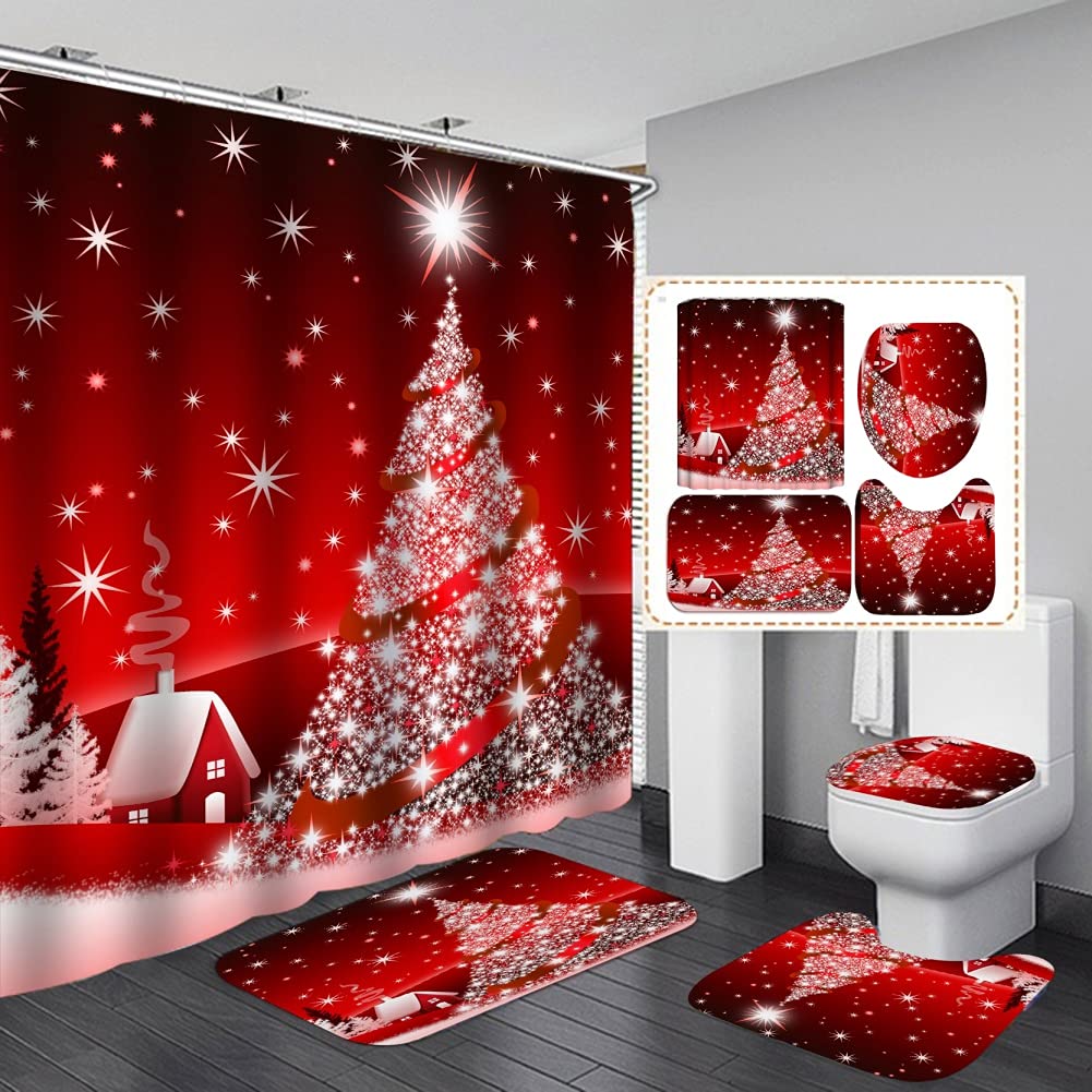 4 Pcs Christmas Shower Curtain Set with Bath Mat,Rugs and Toilet Mat for Bathroom, Waterproof Red Xmas Shower Curtain with 12 Hooks for Home Hotel Decoration