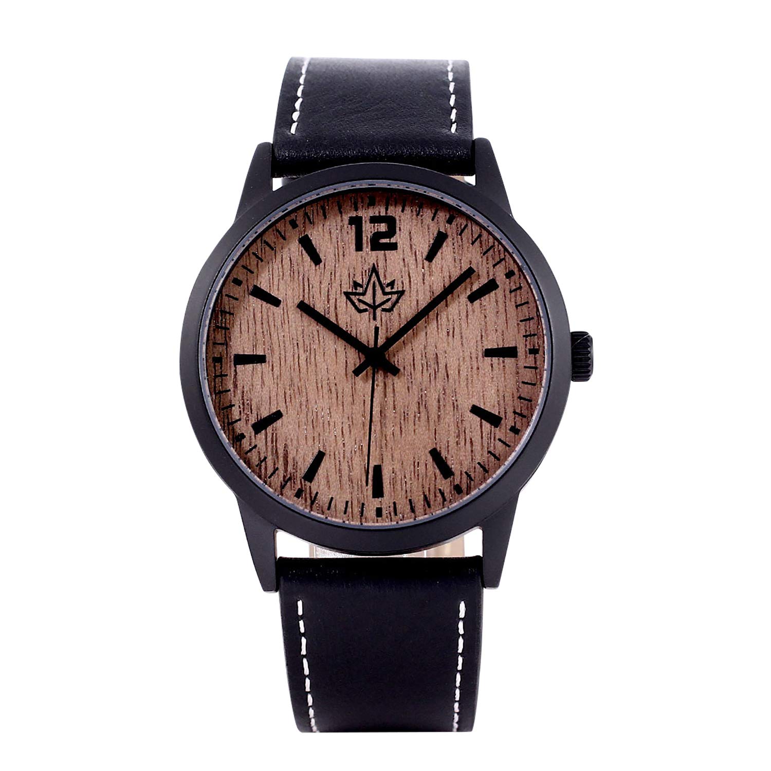 Wooden Watch for Men - Matte Black Stainless Steel Case w/Leather Strap Large Easy Read Face. Waterproof! Sport Elegant. Japanese Quartz Movement. Bonus Credit Card Holder. Gift Box.