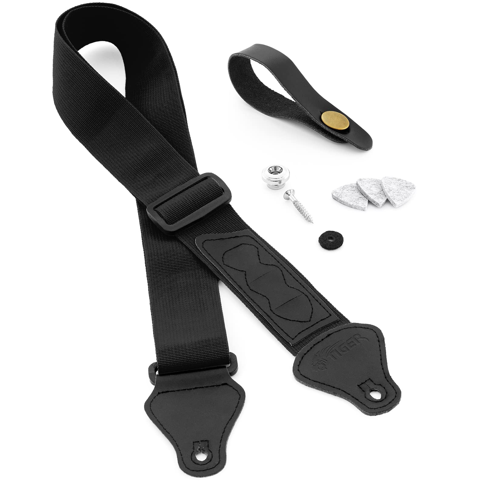 Tiger UAC4-BK-PACK Ukulele Strap Pack includes Strap, Headstock Neck Tie, Strap Button/End Pin and 3 Felt Picks - Suitable for Soprano, Concert, Tenor and Baritone Ukes - Black