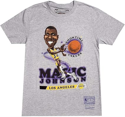 Amazon Com Mitchell Ness Earvin Magic Johnson Los Angeles Lakers Grey Salem Classic Caricature T Shirt Small Clothing