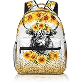 Mtsouya Sunflower Highland Cow Print Backpack School Bookbag Double Shoulder Bag Laptop Travel Daypack for Teens Girls Women